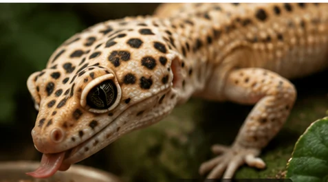Leopard gecko near a feeder bowl